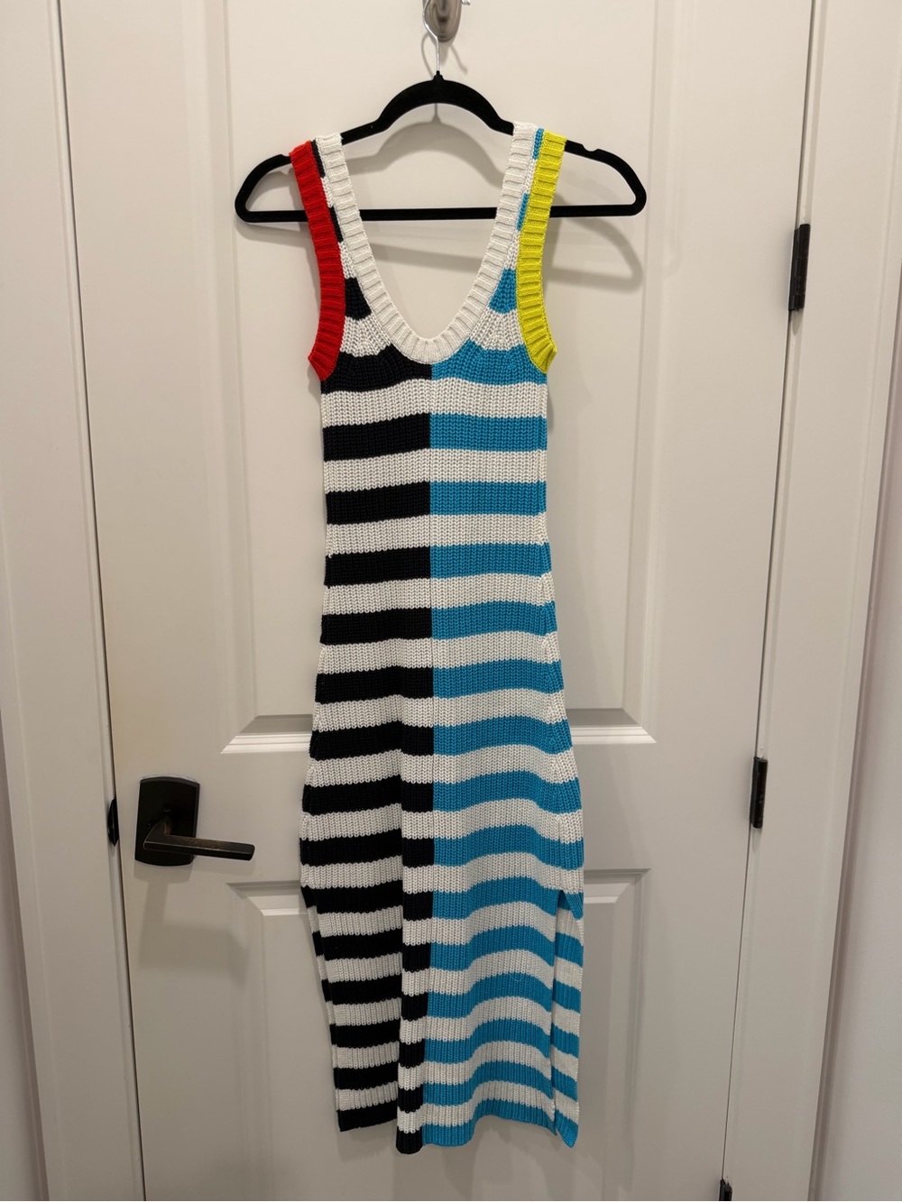 STAUD Multicolor Striped Knit Midi Dress - Black, White, Blue, Red, Yellow